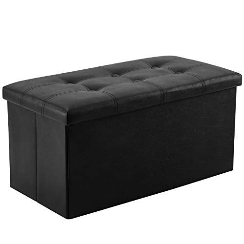 30" Ottoman with Storage, Folding Faux Leather Ben... (Black | Wood)