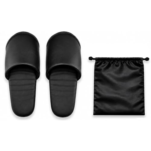 Premium Travel Slippers for Men, Foldable PU Leather Indoor Shoes with Storage Pouch, Non-Slip Portable Hotel & Airplane Slippers, Wipe-Clean Business Travel House Shoes, Black, Fits Up to US Men's 11