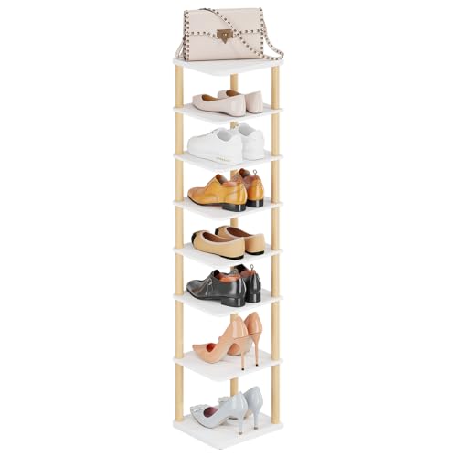 8 Tiers Vertical Shoe Rack, Tall Narrow Shoe Tower, Corner Shoe Rack, White | Small Shoe Organizer for Entryway, Closet, Dorm & Small Spaces, Freestanding Wooden Shoe Shelf for Boots, Sneakers, Heels.
