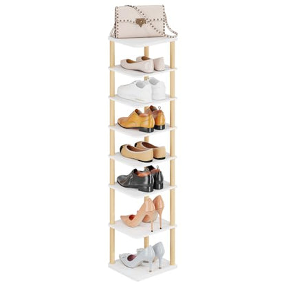 8 Tiers Vertical Shoe Rack, Tall Narrow Shoe Tower, Corner Shoe Rack, White | Small Shoe Organizer for Entryway, Closet, Dorm & Small Spaces, Freestanding Wooden Shoe Shelf for Boots, Sneakers, Heels.