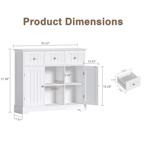 ChooChoo 35.4" Coffee Bar Cabinet with 3 Drawers and 2 Doors, White | Buffet Cabinet with Adjustable Shelves, Storage Cabinet for Compact Kitchens, Dining rooms and Living rooms