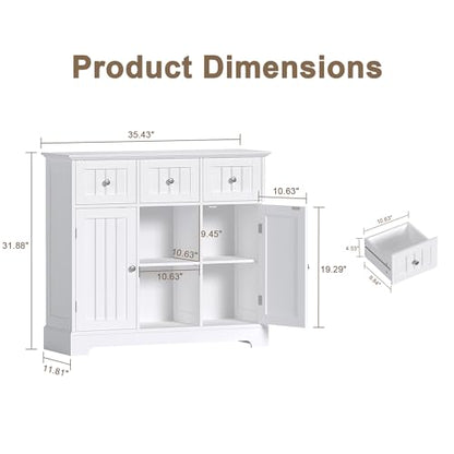 ChooChoo 35.4" Coffee Bar Cabinet with 3 Drawers and 2 Doors, White | Buffet Cabinet with Adjustable Shelves, Storage Cabinet for Compact Kitchens, Dining rooms and Living rooms