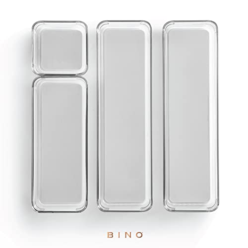 BINO | 4-Piece Drawer Organizer Bin Set - Grey, Small | THE MODULAR+ | Multi-Purpose Storage | Soft-Grip Lining and Non-Slip Rubber Feet | Durable | BPA-Free | Desk Drawer Organizer | Vanity