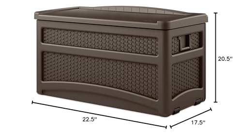 Suncast Durable 73 Gallon Outdoor Resin Storage Chest with Handles, Wheels, and Seat for Patio, Garden, or Pool for Indoor and Outdoor Use, Java