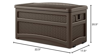 Suncast Durable 73 Gallon Outdoor Resin Storage Chest with Handles, Wheels, and Seat for Patio, Garden, or Pool for Indoor and Outdoor Use, Java