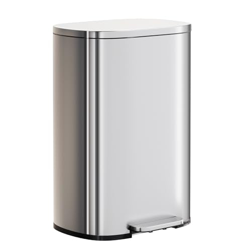 PayLessHere | 13G Trash Can with Lid | Steel | Removable Inner Bucket | Made of Stainless Steel | Soft-Close Step Pedal | Hands-Free Use | Easy to Clean | for Kitchen, Office, Bathroom