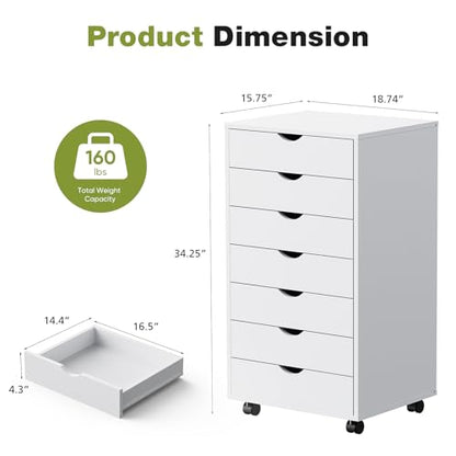 Sweetcrispy 7 Drawer Rolling Storage Cabinet with Wheels, Wood Organizer | Fits Under Desk Dresser Chest for Home Office, Bedroom, Small Place, Living Room White