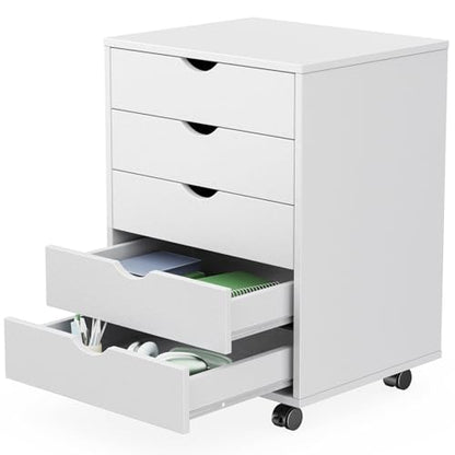 Sweetcrispy 5 Drawer Wooden Dresser, Storage Cabinets, Room Organization | Mobile Rolling Wheels, Vertical Organizer Chest, Home Office Bedroom Furniture, White Wood