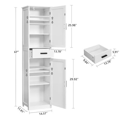 usikey 67'' Tall Bathroom Cabinet, Storage Cabinet with 4 Shelves & 2 Doors, Narrow Storage Cabinets for Bathroom, Living Room, Home Office, White
