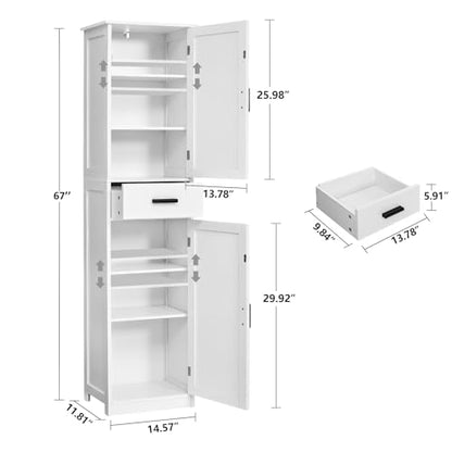 usikey 67'' Tall Bathroom Cabinet, Storage Cabinet with 4 Shelves & 2 Doors, Narrow Storage Cabinets for Bathroom, Living Room, Home Office, White