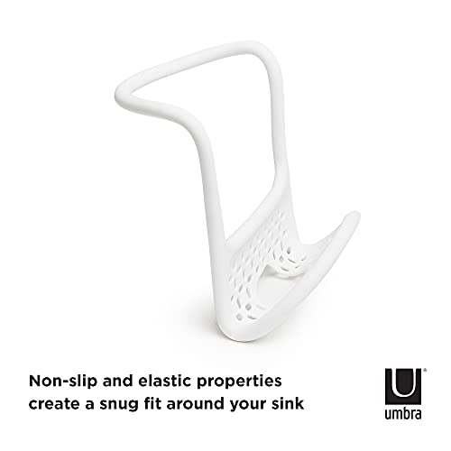 Umbra Sling Flexible Sink Caddy, Elastic Non-Slip Sponge Holder, White | Rubber material, perforated base for drainage, prevents moisture buildup, fits faucet necks, easy rinse clean
