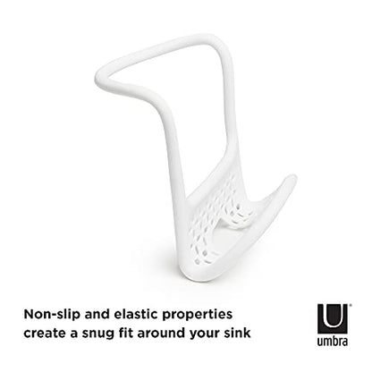 Umbra Sling Flexible Sink Caddy, Elastic Non-Slip Sponge Holder, White | Rubber material, perforated base for drainage, prevents moisture buildup, fits faucet necks, easy rinse clean