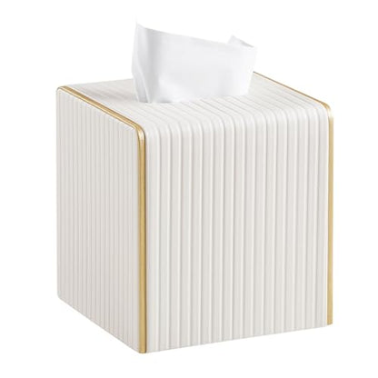 Square PU Leather Tissue Box Cover with Magnetic Closure, Decorative Tissue Holder & Storage Container for Bedroom, Living Room, Dining Room, Bathroom, Countertop, Desk & Office (White)
