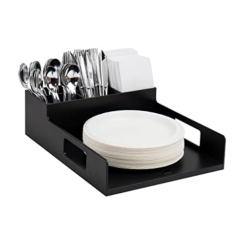 Mind Reader Utensil Napkin and Plate Organizer Tray, Countertop Caddy with 7 Compartments, Holds Plates up to 10.5 Inches, Breakroom and Buffet Organizer, Plastic, Black