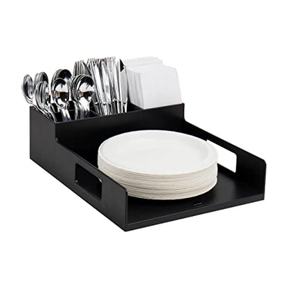Mind Reader Utensil Napkin and Plate Organizer Tray, Countertop Caddy with 7 Compartments, Holds Plates up to 10.5 Inches, Breakroom and Buffet Organizer, Plastic, Black