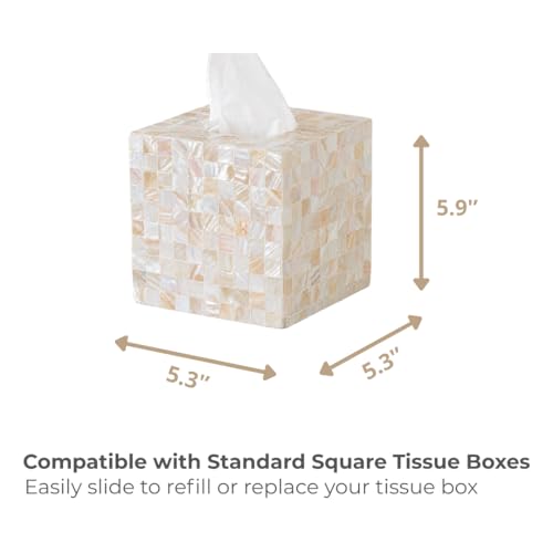 5.9” Mother of Pearl Tissue Box Cover for Kleenex and More – Handcrafted Square Tissue Holder with Sliding Bottom – Decorative Napkin Dispenser for Bathroom, Bedroom, Kitchen, Office