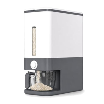 Proarea Rice Dispenser 25 Lbs, Airtight Grain Rice Storage Container with Measuring Cup, One-Touch Dry Food Dispenser for Kitchen Pantry, Clear Scale Window, Graphite Gray