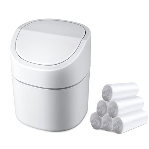 Mini Desk Trash Can with Swing Lid, 0.5gal, Includes 180 Bags, White | Compact 2L plastic bin with smooth edges and odor-covering swing lid, includes 180 fitted bags for desks and bedrooms