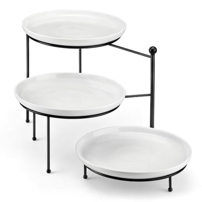 MALACASA White 3 Tier Serving Tray Stand with Black Rack, 10 Inch Porcelain Tiered Dessert Stand for Cupcakes, Cakes, Fruit & Appetizers, Ceramic Serving Platter for Party, Wedding & Tea Party