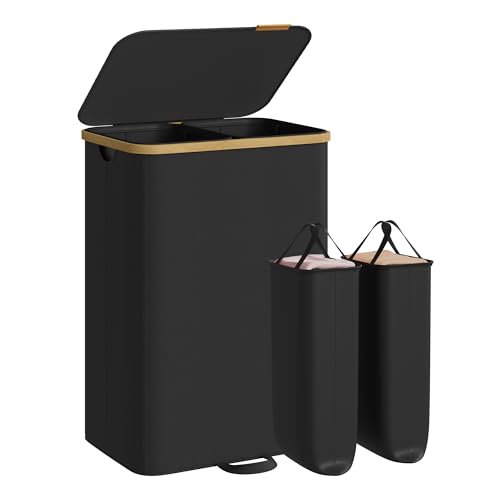 SONGMICS Laundry Hamper, Laundry Sorter with Lid, Storage Basket Bin, Removable Liners, Bamboo Frame, for Bedroom, 2 Sections, 39.6 Gal. (150 L), Ink Black ULCB532BH01