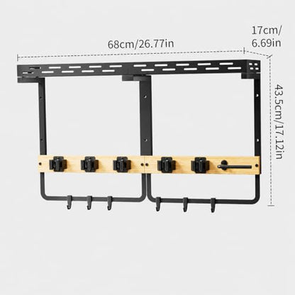 Broom Holder Wall Mount With Built-In Guardrail Shelf, Cleaning Supplies Organizer With 5 Mop Grippers, 6 Hooks And Vacuum Holder For Laundry Room Garage Pantry Kitchen