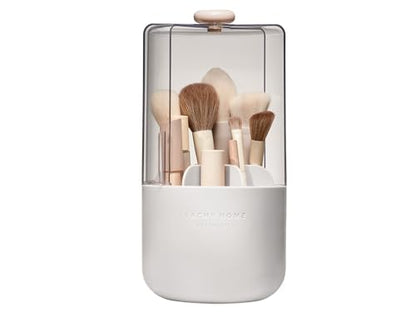 EACHY Makeup Brush Holder with Lid, 360° Rotating Vanity Organizer for Brushes, Dustproof Cosmetic Display Case, 7 Compartments, Waterproof Plastic (White)