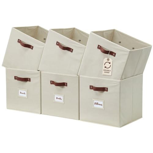 DECOMOMO Storage Bins, Cube Storage Bin with Labels | 10.5" x 11" Fabric Storage Cubes for Shelves (6pcs, Beige)