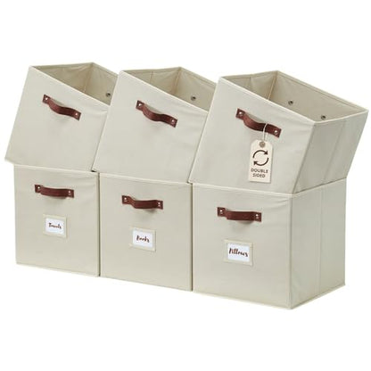 DECOMOMO Storage Bins, Cube Storage Bin with Labels | 10.5" x 11" Fabric Storage Cubes for Shelves (6pcs, Beige)