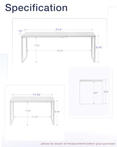 Expandable Cabinet Shelf, Shelf Riser for Cabinets, 10" White | Edgeless Metal Cabinet Riser Holds 50 lb and Expands 14.6 to 24.6 in for Under Sink Kitchen Pantry Cupboard Shelf