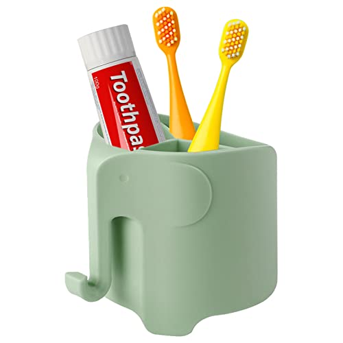 Elephant Toothbrush Holder for Kids,Cute Toddler Toothbrush Holder, Suction Cup Electric Toothbrush and Toothpaste Holder for Toddler with 3 Slots and a Hook for Hanging Bath Ball, Green