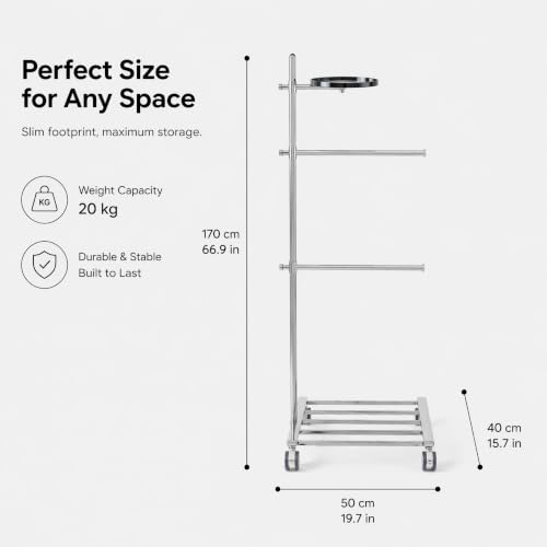 LOFIR Silver Stainless Steel Freestanding Pool Towel Rack | 2-bar stainless towel rack with tray & base storage for pool, hot tub, patio and bathroom towel drying use
