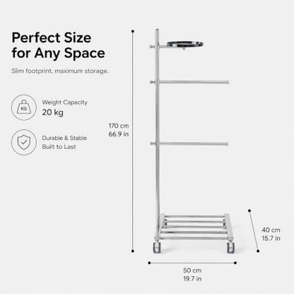 LOFIR Silver Stainless Steel Freestanding Pool Towel Rack | 2-bar stainless towel rack with tray & base storage for pool, hot tub, patio and bathroom towel drying use