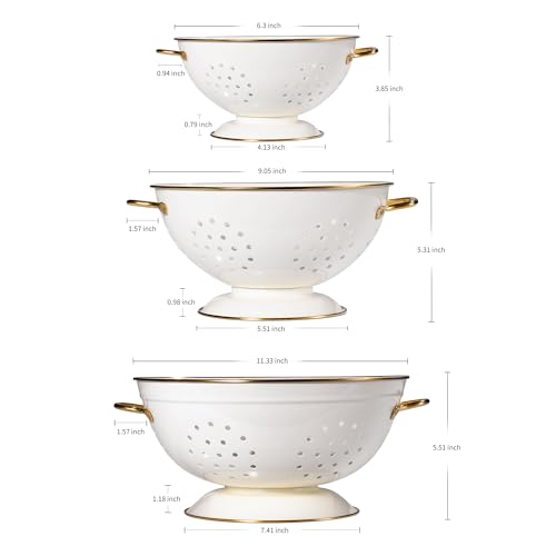 Metal Colander Set of 3, Strainer Basket with Handles perfect for Spaghetti, Pasta, Berry, Vegetable, Fruit, Solid Base Powder Coated Kitchen Essential Strainer Set, 1 & 3.5 & 5 Qt (Cream)