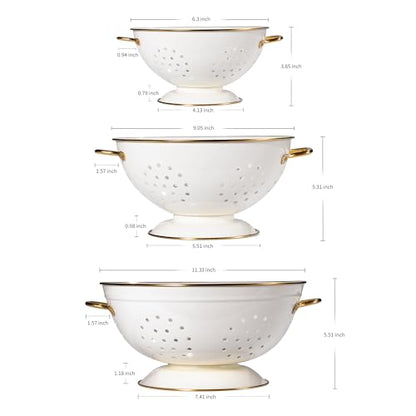 Metal Colander Set of 3, Strainer Basket with Handles perfect for Spaghetti, Pasta, Berry, Vegetable, Fruit, Solid Base Powder Coated Kitchen Essential Strainer Set, 1 & 3.5 & 5 Qt (Cream)