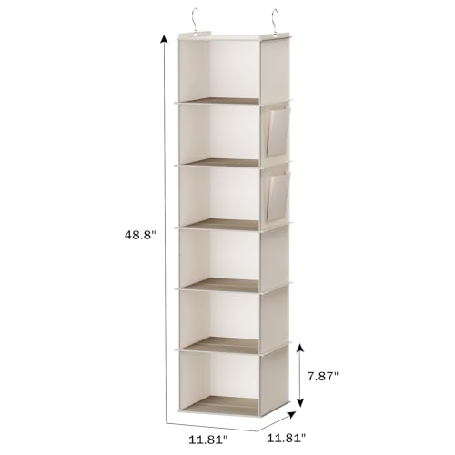 YOUDENOVA Hanging Closet Organizer and Storage, 6-Shelf, Beige | Breathable Fabric, 2 Side Pockets, Clothes Organizer, Hanging Shelves, Closet Storage, College Dorm Room Essentials for Guys