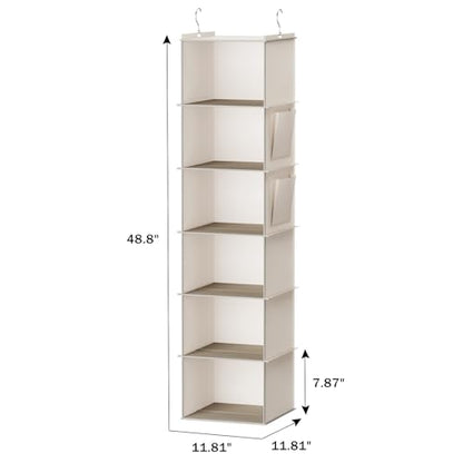 YOUDENOVA Hanging Closet Organizer and Storage, 6-Shelf, Beige | Breathable Fabric, 2 Side Pockets, Clothes Organizer, Hanging Shelves, Closet Storage, College Dorm Room Essentials for Guys