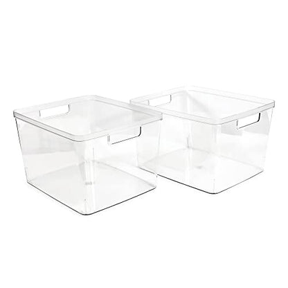 Isaac Jacobs 2-Pack Extra-Large Clear Storage Bins (11.5” L x 14” W x 9” H) | Cutout Handles, Plastic Organizer for Home, for Kitchen, Fridge, Pantry, BPA Free, Food Safe (2-Pack, Extra-Large)