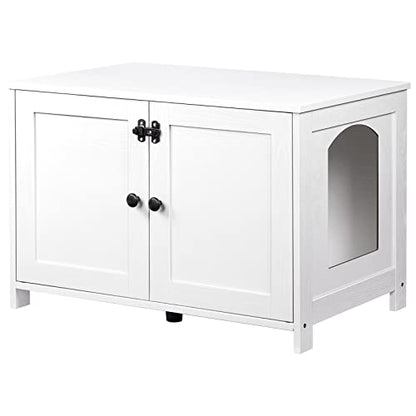 HOOBRO Litter Box Enclosure, Cat Litter Box Furniture with Removable Divider, Large Hidden Litter Box Furniture, Wooden Cat House, End Side Table, 31" L x 17.5" W x 19.7" H, White WT03MW01G2