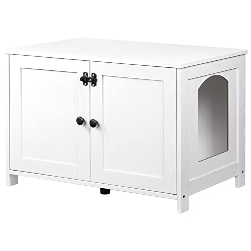 Litter Box Enclosure, Cat Litter Box Furniture wit... (White | Engineered Wood)