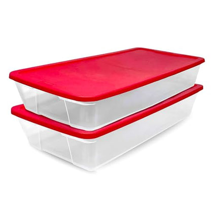 HOMZ 2-Pack Holiday Tote, Clear Plastic Storage Organizer Bins with Lids, 41 Quart, Red - Stackable Organizing Containers for Christmas Ornament Decorations, Gift Wraps, and Crafts