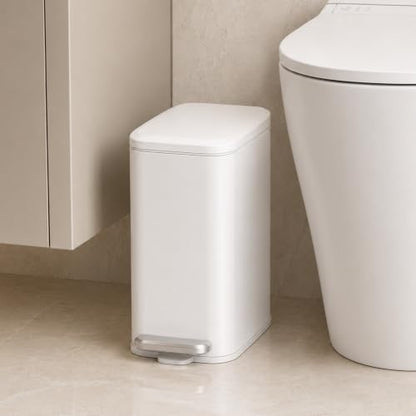 Cesun Slim Bathroom Trash Can with Lid, Soft Close, White, 6L/1.6 Gallon | Hidden Trash Bag Design, Small, Stainless Steel, Removable Inner Bucket, Foot Pedal, Odor Control, for RV/Office/Bedroom