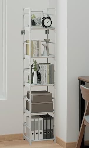 FIDUCIAL HOME 5 Tiers Narrow Bookshelf White Skinny Open Book Shelf | Slim Thin Small Spaces for Space Saving, Easy to Assemble, 12"L x 10"W x 57.2"H