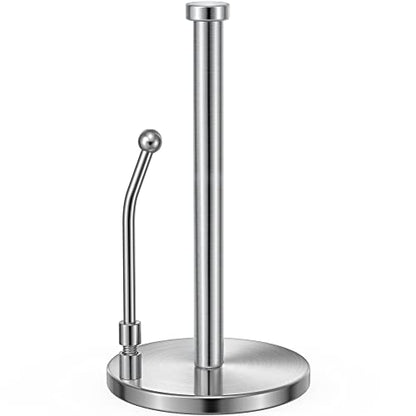 SMARTAKE Paper Towel Holder Countertop, Non-Slip Weighted Base, Silver | Freestanding Kitchen Roll Dispenser, Rustproof Stainless Steel, Spring Arm for Easy Tear, Widden Top, with 4 Suction Cups