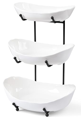 HBlife Fruit Bowl for Kitchen Counter - 3 Tier Ceramic Fruit Rack, Fruit Basket for Fresh Fruit&Veggies, Tiered Fruit Platter Serving Trays for Party