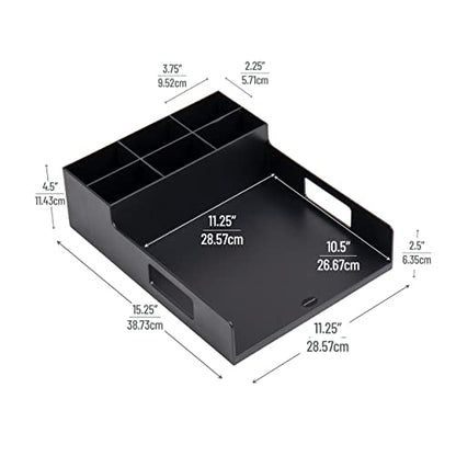 Mind Reader Utensil Napkin and Plate Organizer Tray, Countertop Caddy with 7 Compartments, Holds Plates up to 10.5 Inches, Breakroom and Buffet Organizer, Plastic, Black