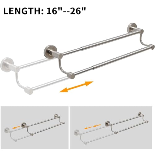 Double Towel Bar Towel Rack for Bathroom Wall Mounted Brushed Nickel | Adjustable 16-26 In,Wall Mounted Towel Holder, Stainless Steel, Rustproof, Towel Bar Rod Hanger Hardware Accessories Hotel