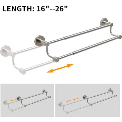 Double Towel Bar Towel Rack for Bathroom Wall Mounted Brushed Nickel | Adjustable 16-26 In,Wall Mounted Towel Holder, Stainless Steel, Rustproof, Towel Bar Rod Hanger Hardware Accessories Hotel