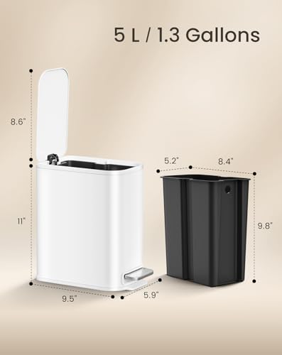 Cesun Small Bathroom Trash Can with Lid Soft Close & Pedal, 1.3 Gal, White | Removable Inner Bucket, Slim Stainless Steel Garbage Can for Bedroom/Office, Included 5 Trash Bags, Hidden Bag, Built to Last