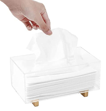 YoBa Thick Acrylic Tissue Box Holder Rectangular Clear Tissue Box Dispenser with Gold Plated Aluminum Legs for Bathroom, Kitchen, Bedroom, Office, Hotels and Restaurant