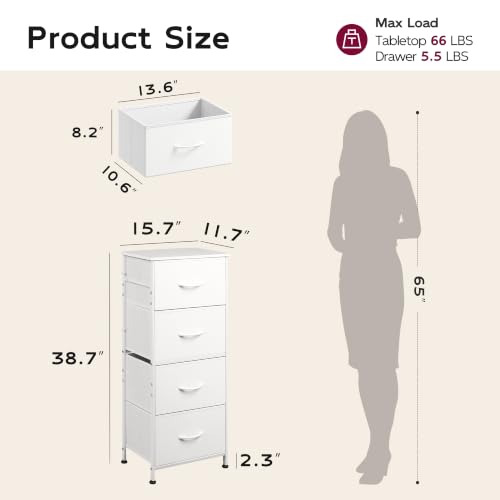 WLIVE Small Dresser Nightstand for Bedroom, 4 Drawers, White | 4 vertical fabric drawers, Space-saving tower, Bedroom or closet use, Chest of drawers, Dresser for small spaces